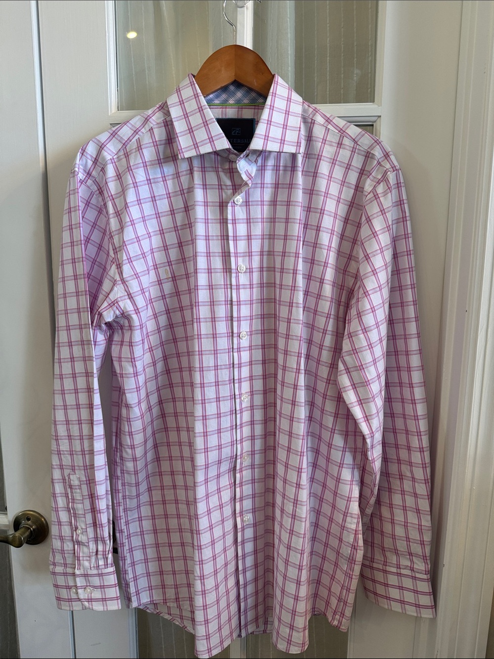 Tattersall London Pink White Check Dress Shirt Long Sleeve 16.5/34 100% Cotton
